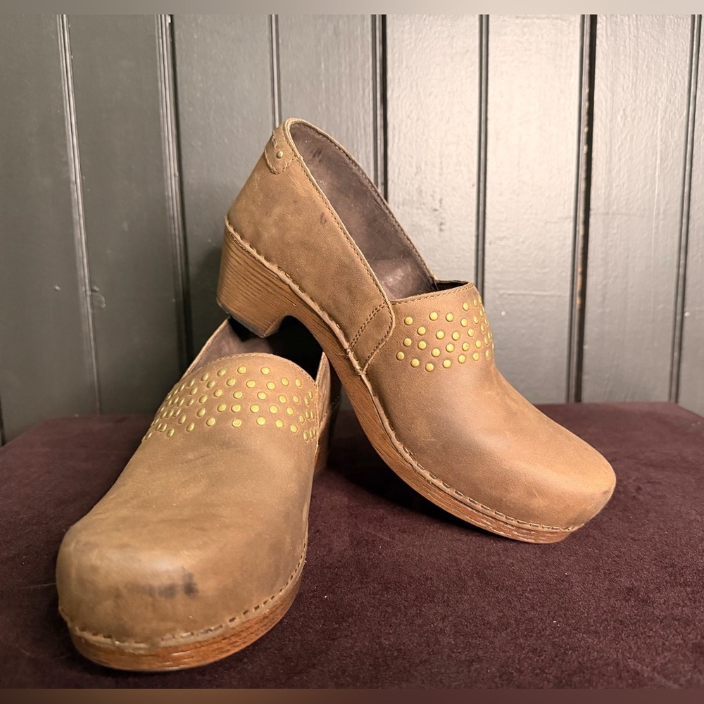 Dansko Tan Leather Nubuck studded Slip-On Clogs